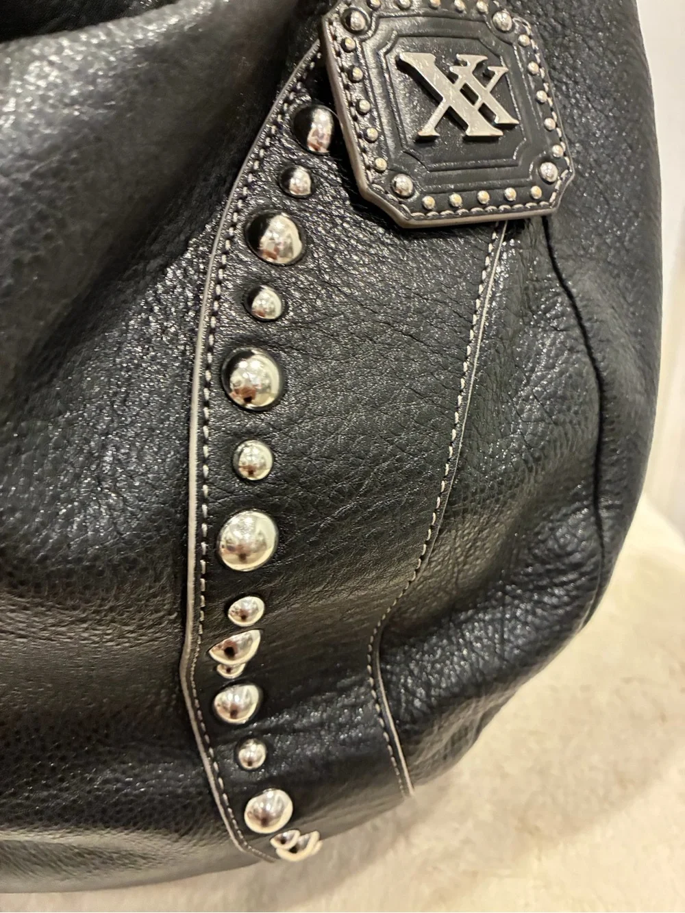 MAXX New York Black Leather Studded Hobo Bag Leopard Scarf Rocker Y2K